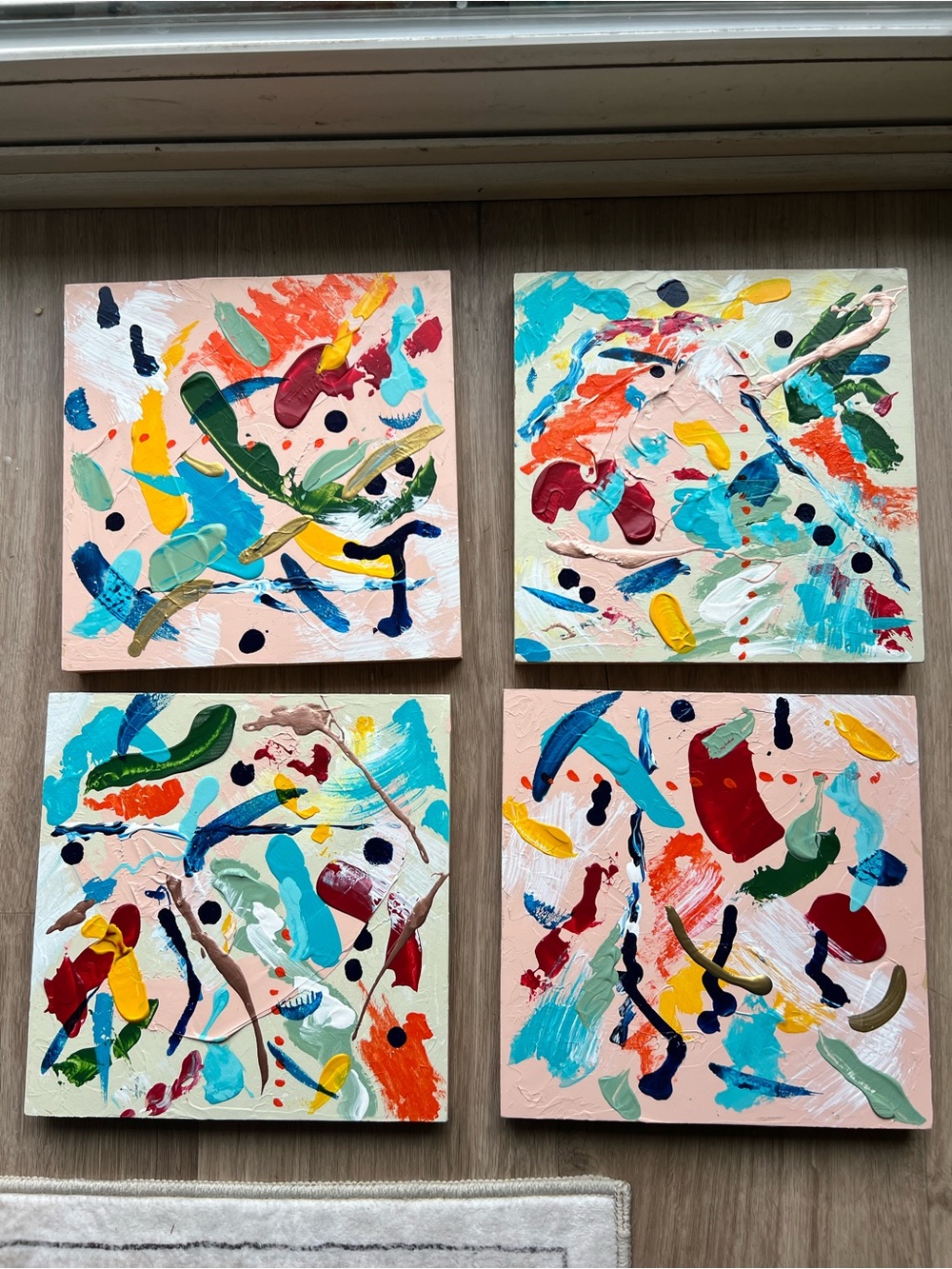 ART 🌈 🫟 Abstract Colorful Four-Piece Wall Art Set - Peach, Teal & Multicolor